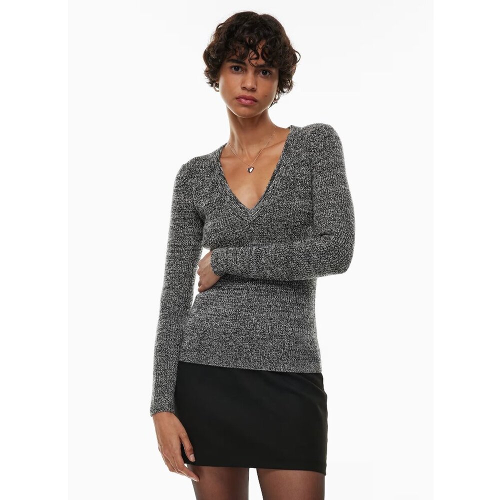Aritzia Wilfred Davis Sweater Size Small Merino Wool V-neck Black Marble